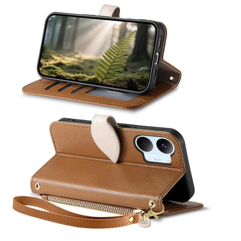 Stand Case For Xiaomi Poco X8 Pro Max 5G  /  Redmi Turbo 5 Max 5G Leaf Shape Magnetic Clasp Leather Phone Cover with Hand Strap - Brown