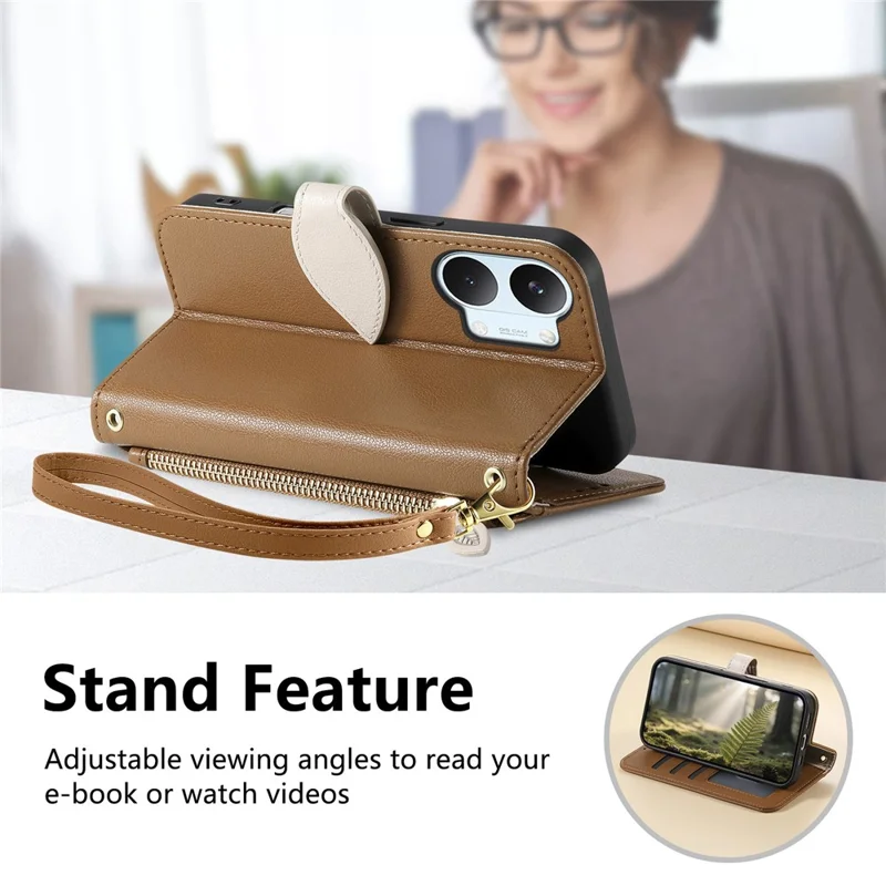 Stand Case For Xiaomi Poco X8 Pro Max 5G  /  Redmi Turbo 5 Max 5G Leaf Shape Magnetic Clasp Leather Phone Cover with Hand Strap - Brown