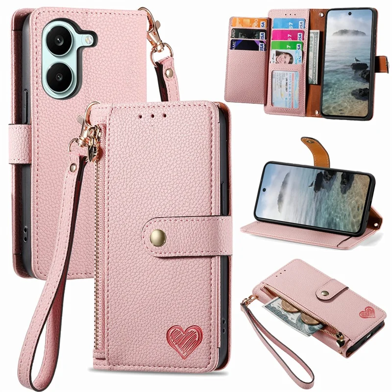 Case For Xiaomi Poco X8 Pro 5G  /  Redmi Turbo 5 5G RFID Blocking Zipper Pocket Leather Wallet Phone Cover with Strap - Pink