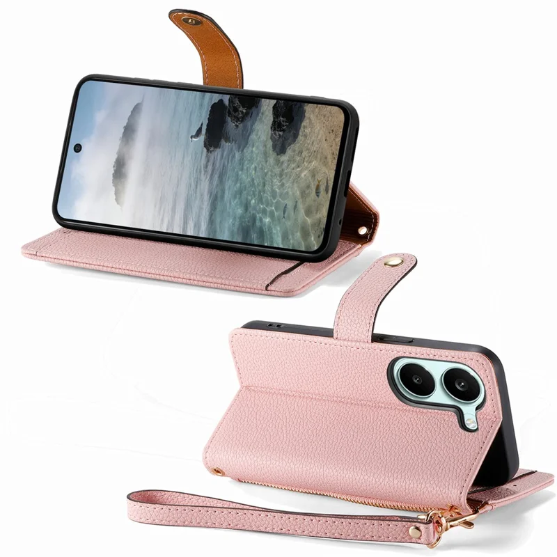 Case For Xiaomi Poco X8 Pro 5G  /  Redmi Turbo 5 5G RFID Blocking Zipper Pocket Leather Wallet Phone Cover with Strap - Pink