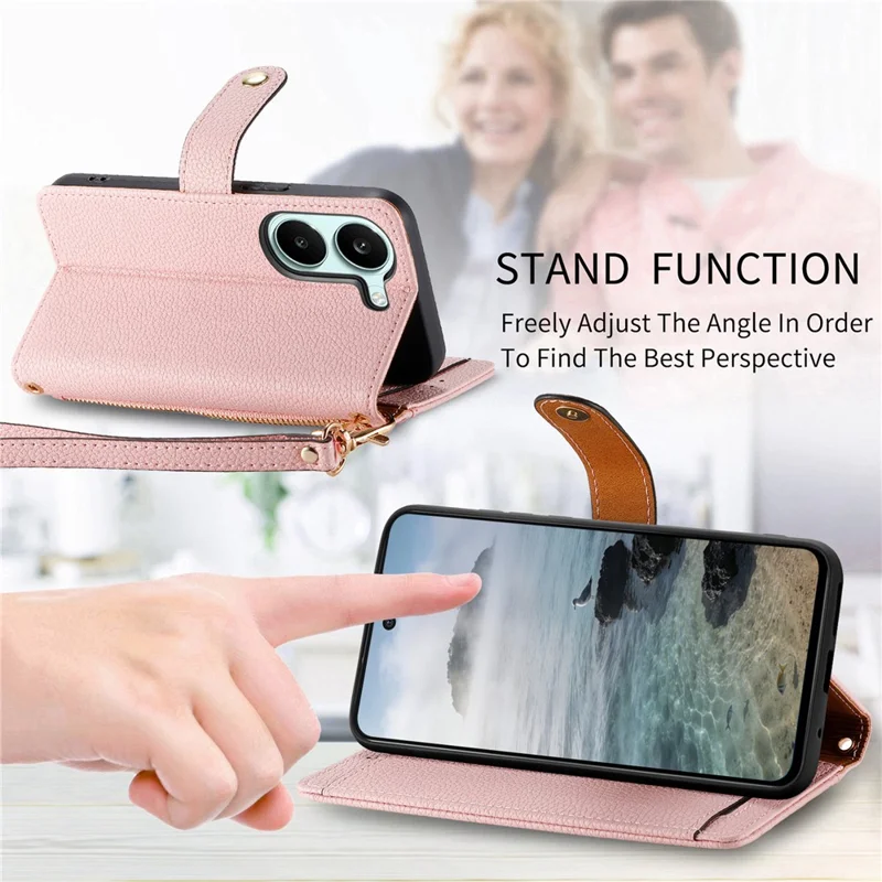 Case For Xiaomi Poco X8 Pro 5G  /  Redmi Turbo 5 5G RFID Blocking Zipper Pocket Leather Wallet Phone Cover with Strap - Pink