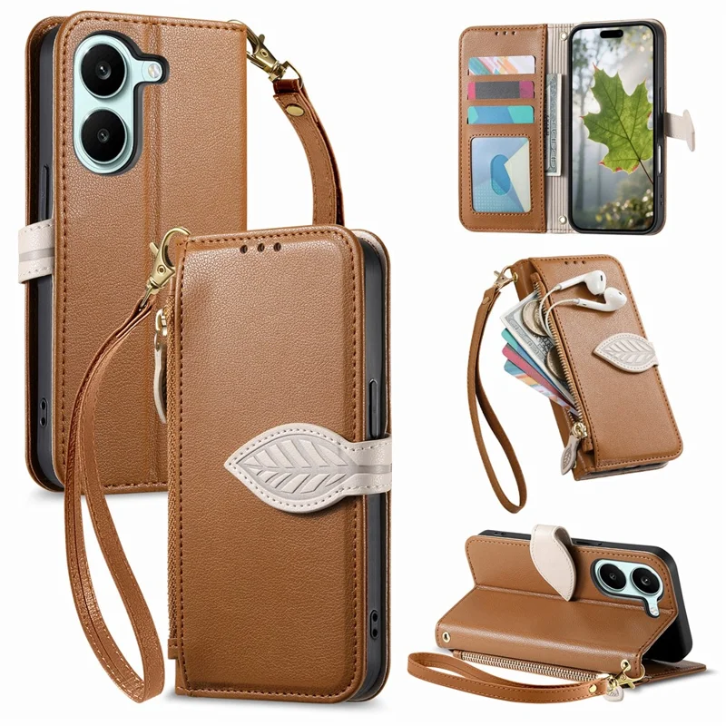 Stand Case For Xiaomi Poco X8 Pro 5G  /  Redmi Turbo 5 5G Leaf Shape Magnetic Clasp Leather Phone Cover with Hand Strap - Brown