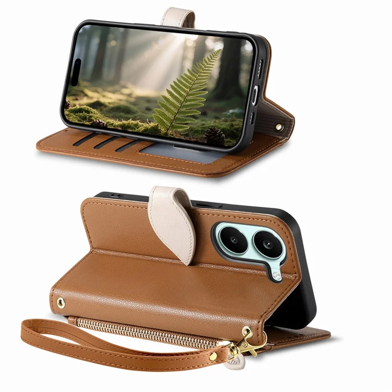 Stand Case For Xiaomi Poco X8 Pro 5G  /  Redmi Turbo 5 5G Leaf Shape Magnetic Clasp Leather Phone Cover with Hand Strap - Brown