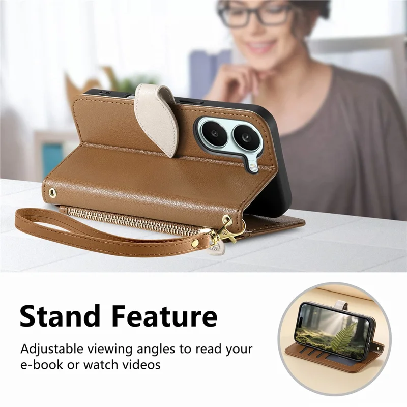Stand Case For Xiaomi Poco X8 Pro 5G  /  Redmi Turbo 5 5G Leaf Shape Magnetic Clasp Leather Phone Cover with Hand Strap - Brown