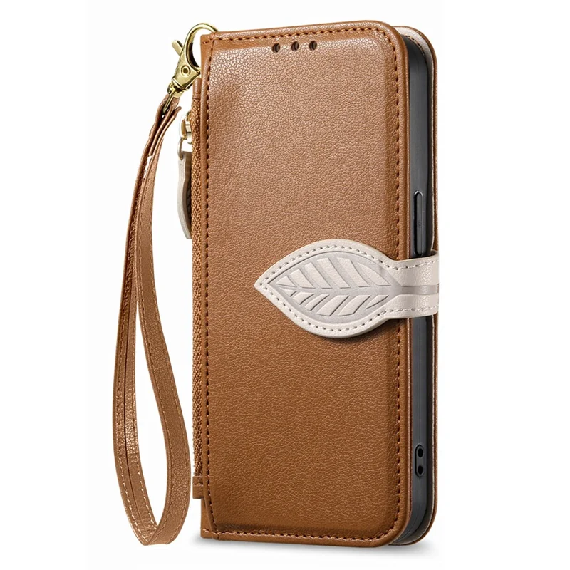 Stand Case For Xiaomi Poco X8 Pro 5G  /  Redmi Turbo 5 5G Leaf Shape Magnetic Clasp Leather Phone Cover with Hand Strap - Brown
