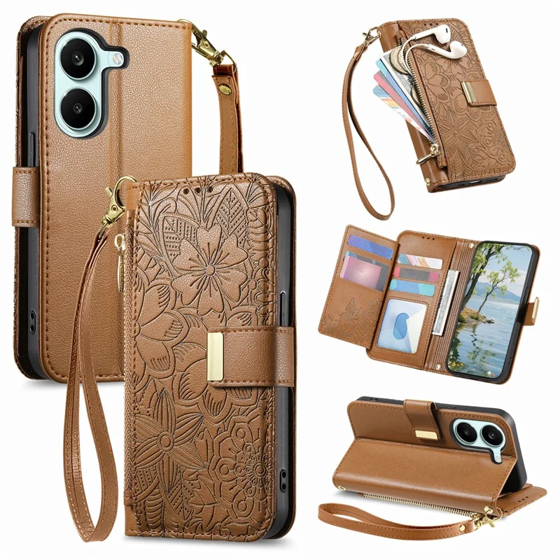 Case For Xiaomi Poco X8 Pro 5G  /  Redmi Turbo 5 5G Floral Leaf Pattern Multi Card Slots Zipper Leather Phone Cover with Wrist Strap - Brown