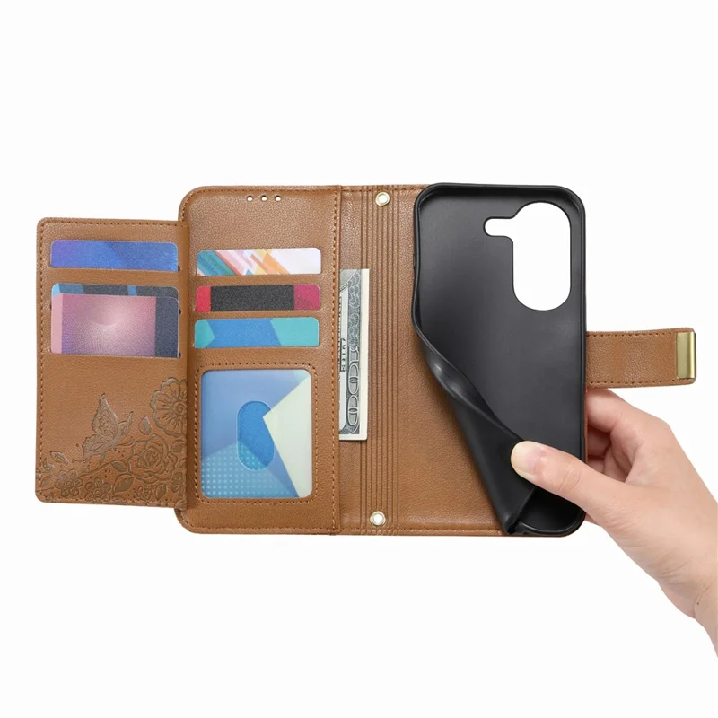 Case For Xiaomi Poco X8 Pro 5G  /  Redmi Turbo 5 5G Floral Leaf Pattern Multi Card Slots Zipper Leather Phone Cover with Wrist Strap - Brown