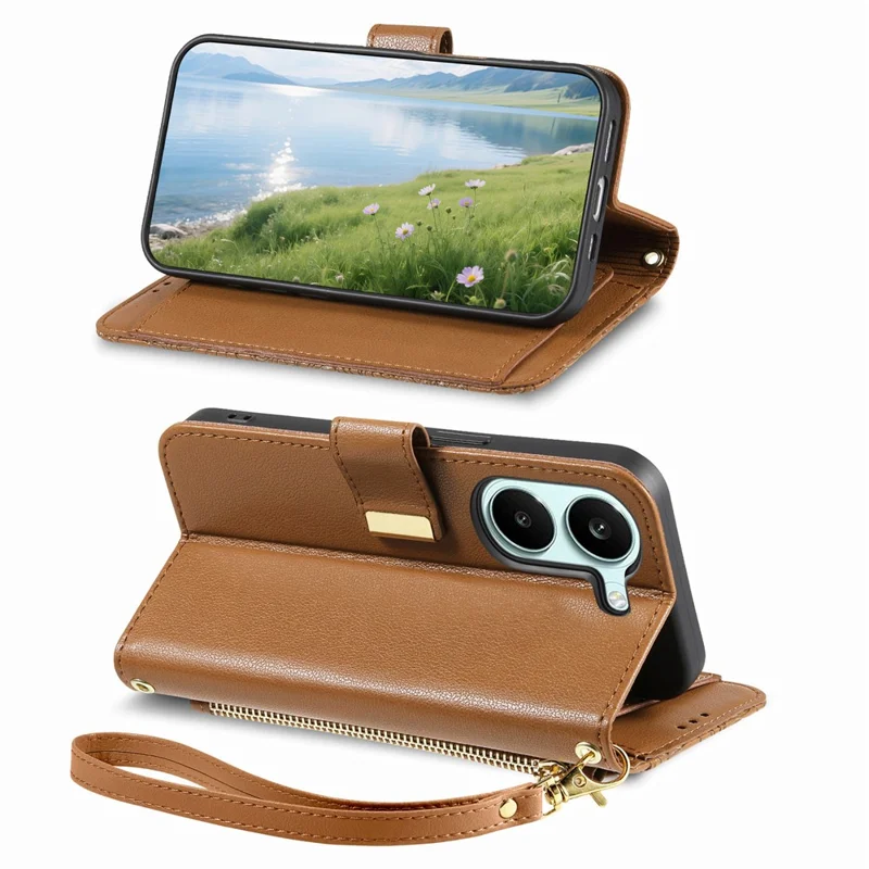 Case For Xiaomi Poco X8 Pro 5G  /  Redmi Turbo 5 5G Floral Leaf Pattern Multi Card Slots Zipper Leather Phone Cover with Wrist Strap - Brown