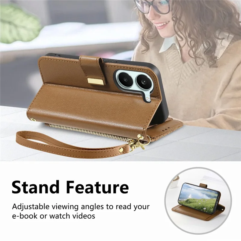 Case For Xiaomi Poco X8 Pro 5G  /  Redmi Turbo 5 5G Floral Leaf Pattern Multi Card Slots Zipper Leather Phone Cover with Wrist Strap - Brown