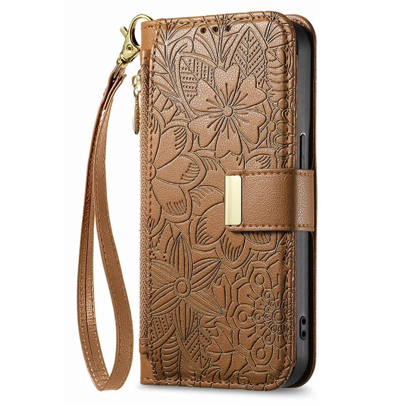 Case For Xiaomi Poco X8 Pro 5G  /  Redmi Turbo 5 5G Floral Leaf Pattern Multi Card Slots Zipper Leather Phone Cover with Wrist Strap - Brown