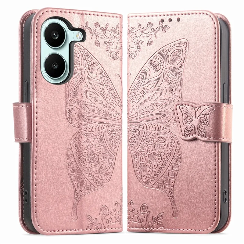 Case For Xiaomi Poco X8 Pro 5G  /  Redmi Turbo 5 5G Butterfly Pattern PU Leather Wallet Phone Cover with Strap  - Rose Gold