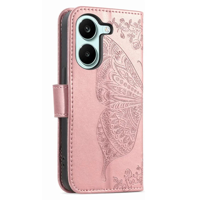 Case For Xiaomi Poco X8 Pro 5G  /  Redmi Turbo 5 5G Butterfly Pattern PU Leather Wallet Phone Cover with Strap  - Rose Gold
