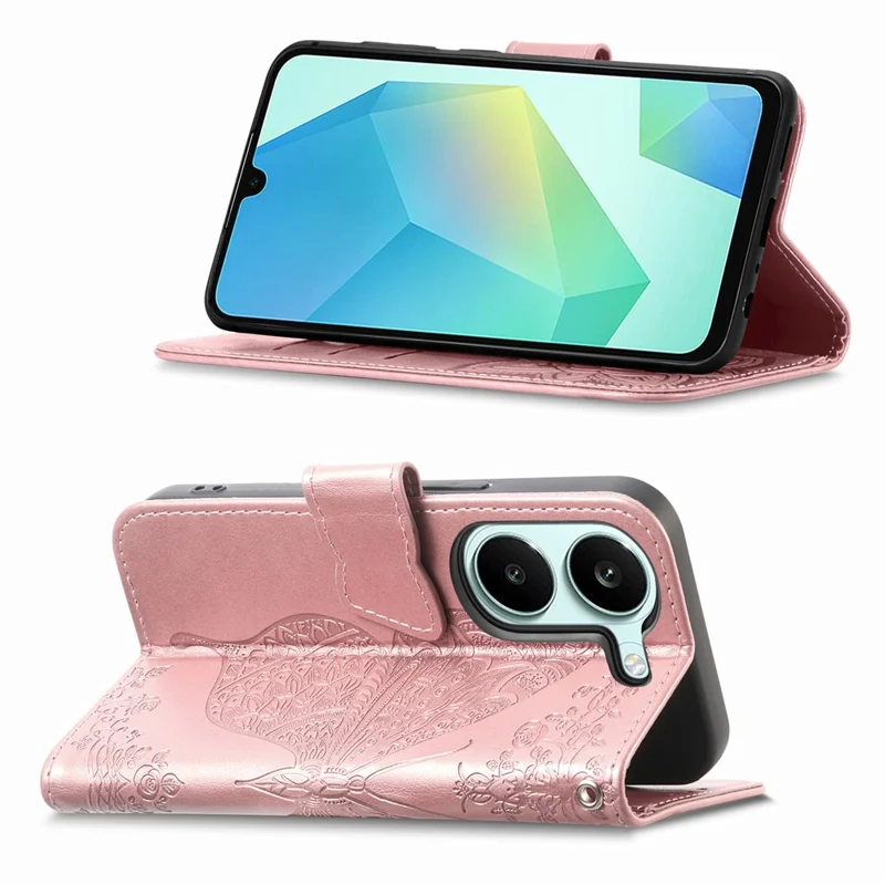 Case For Xiaomi Poco X8 Pro 5G  /  Redmi Turbo 5 5G Butterfly Pattern PU Leather Wallet Phone Cover with Strap  - Rose Gold