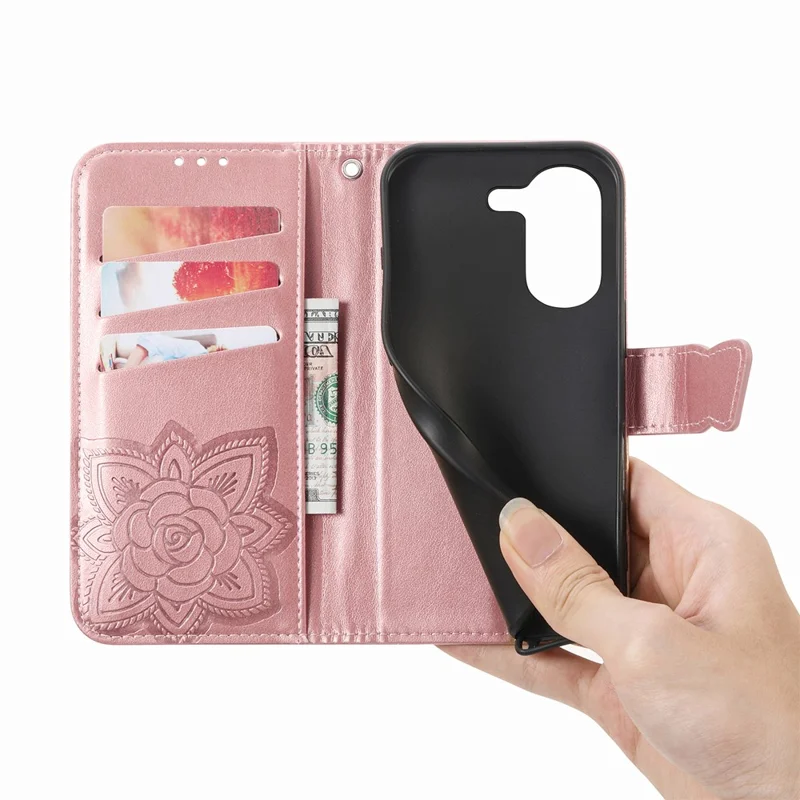 Case For Xiaomi Poco X8 Pro 5G  /  Redmi Turbo 5 5G Butterfly Pattern PU Leather Wallet Phone Cover with Strap  - Rose Gold