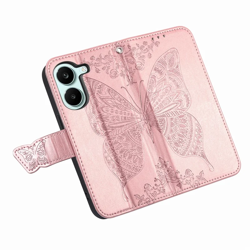 Case For Xiaomi Poco X8 Pro 5G  /  Redmi Turbo 5 5G Butterfly Pattern PU Leather Wallet Phone Cover with Strap  - Rose Gold