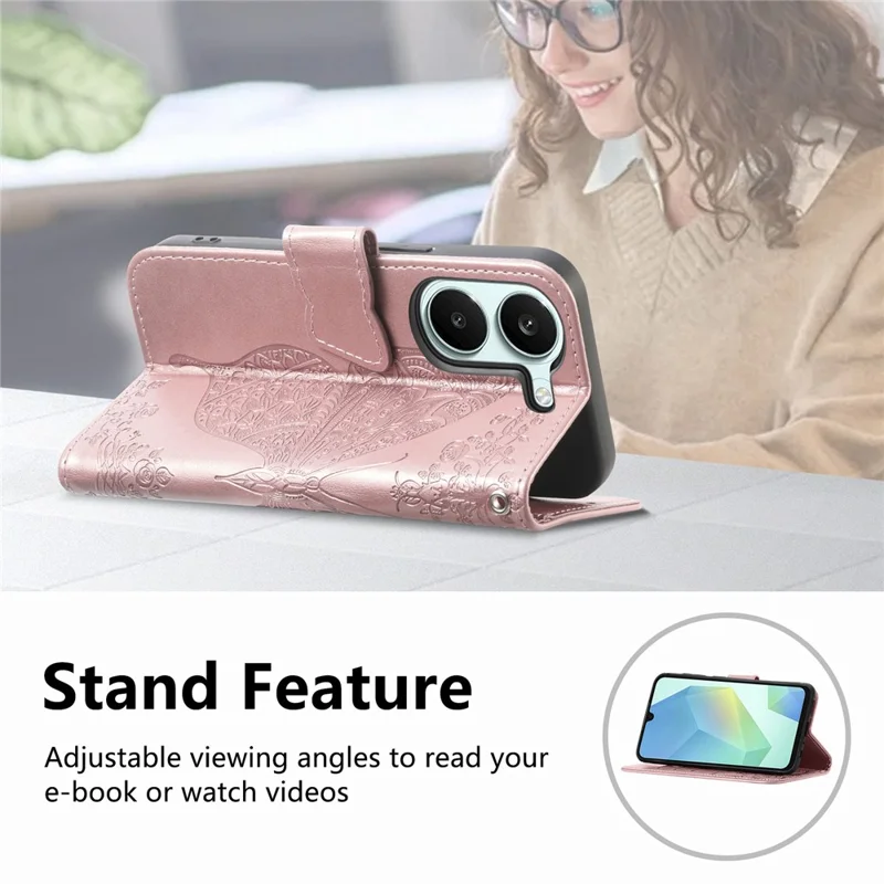 Case For Xiaomi Poco X8 Pro 5G  /  Redmi Turbo 5 5G Butterfly Pattern PU Leather Wallet Phone Cover with Strap  - Rose Gold