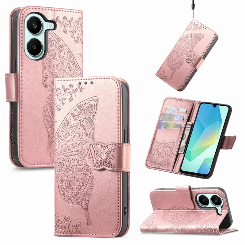 Case For Xiaomi Poco X8 Pro 5G  /  Redmi Turbo 5 5G Butterfly Pattern PU Leather Wallet Phone Cover with Strap  - Rose Gold