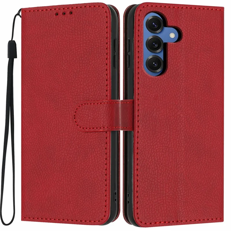 For Samsung Galaxy S26 Wallet Case Litchi Texture Leather Flip Cover with Card Slots and Hand Strap - Rød