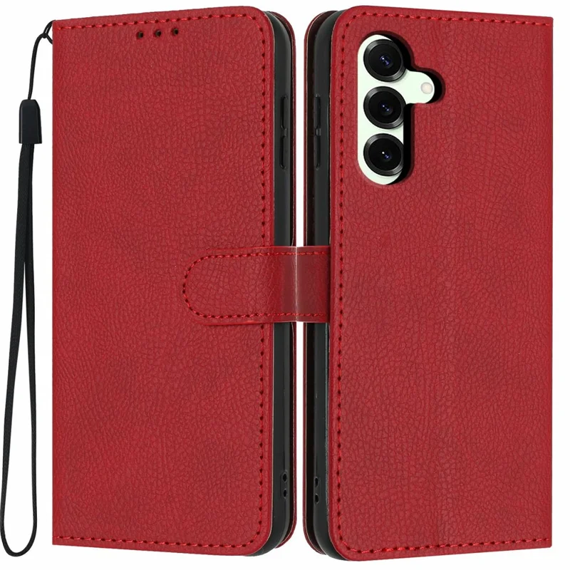 For Samsung Galaxy S25+ Wallet Case Litchi Texture Leather Flip Cover with Card Slots and Hand Strap - Red