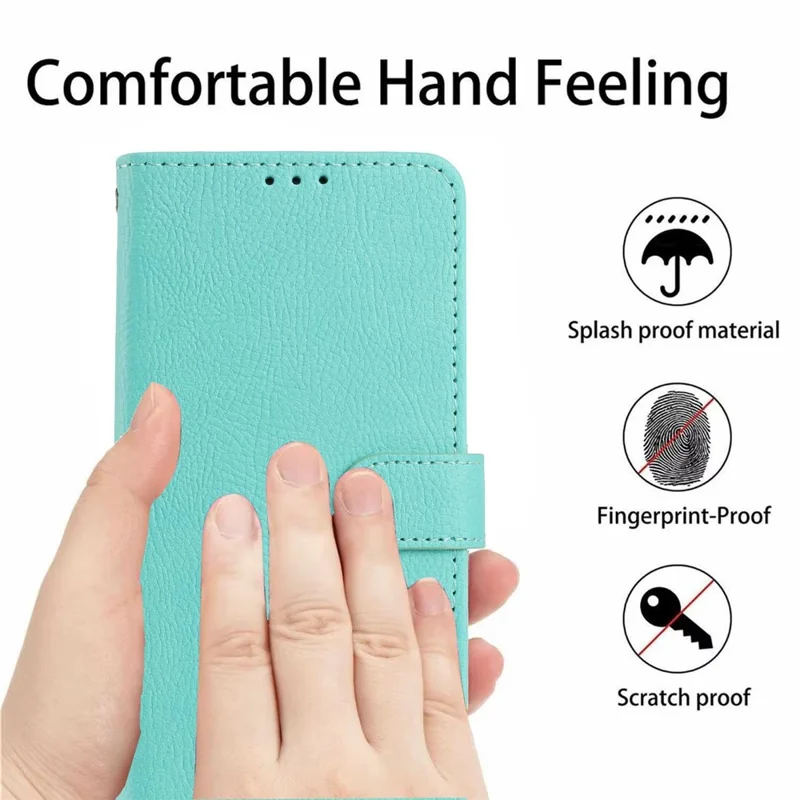 For Samsung Galaxy S25 FE Wallet Case Litchi Texture Leather Flip Cover with Card Slots and Hand Strap - Green