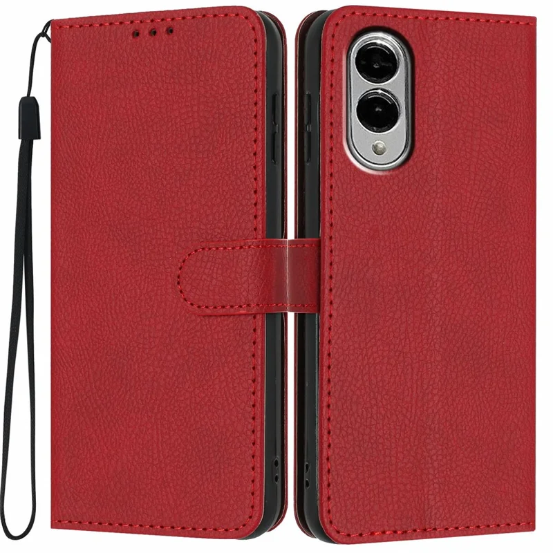 For Samsung Galaxy S25 Edge Wallet Case Litchi Texture Leather Flip Cover with Card Slots and Hand Strap - Red