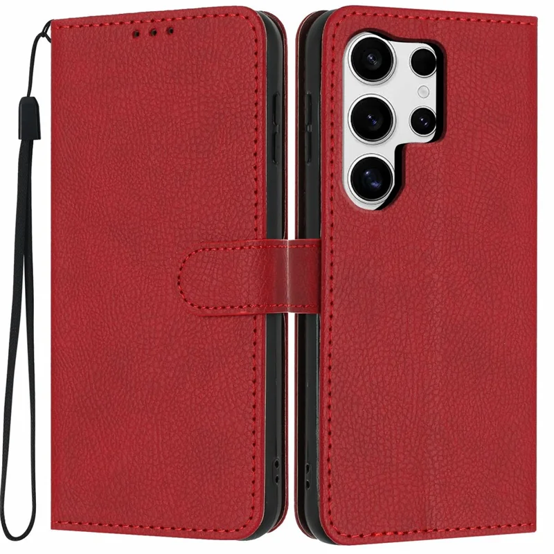 For Samsung Galaxy S24 Ultra Wallet Case Litchi Texture Leather Flip Cover with Card Slots and Hand Strap - Red