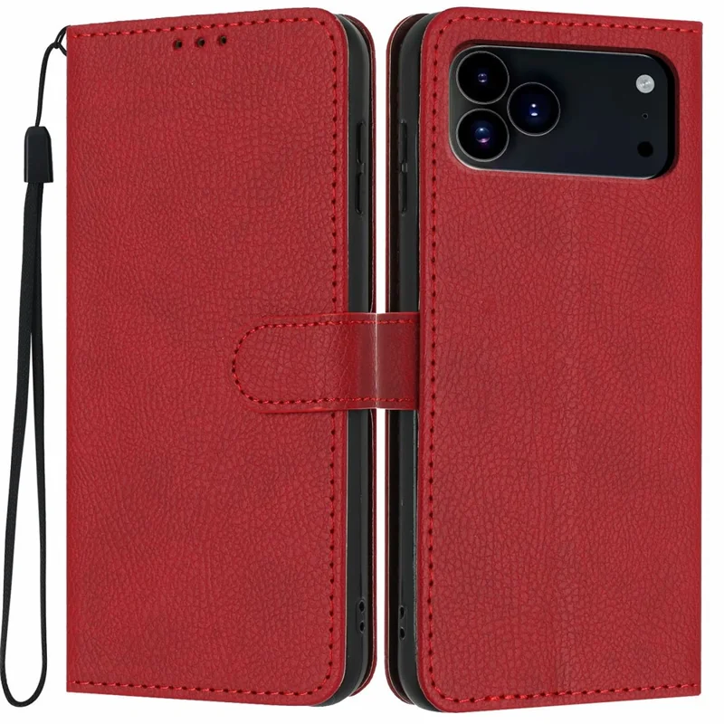 For iPhone 17 Pro Max Wallet Case Litchi Texture Leather Flip Cover with Card Slots and Hand Strap - Red
