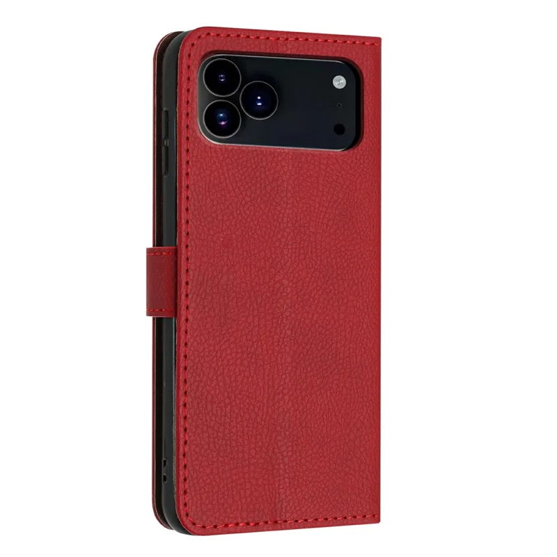 For iPhone 17 Pro Max Wallet Case Litchi Texture Leather Flip Cover with Card Slots and Hand Strap - Red