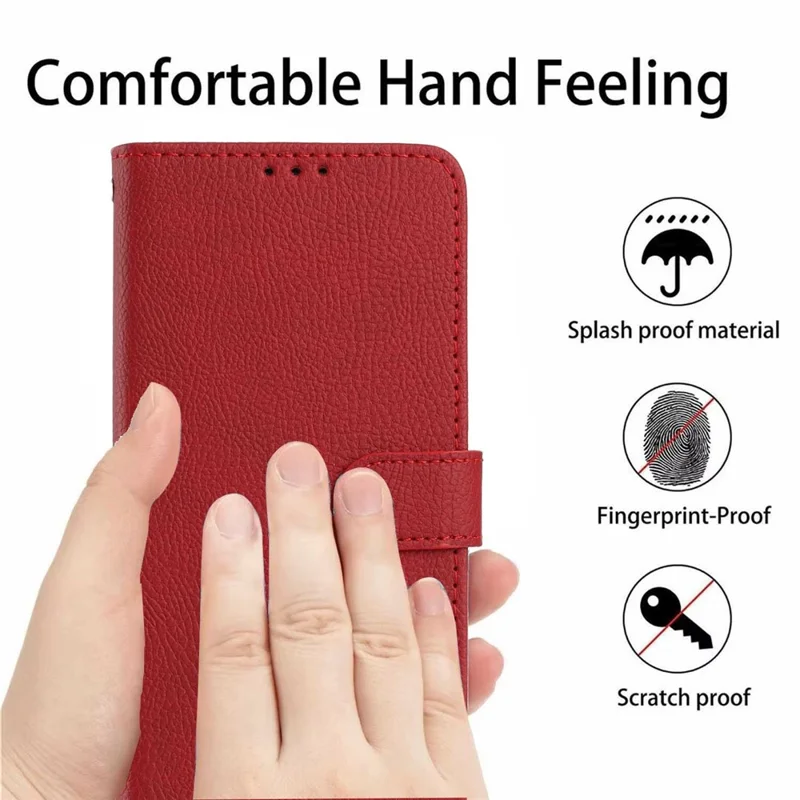 For iPhone 17 Pro Wallet Case Litchi Texture Leather Flip Cover with Card Slots and Hand Strap - Red