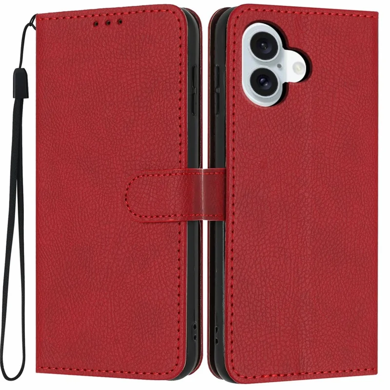 For iPhone 17 Wallet Case Litchi Texture Leather Flip Cover with Card Slots and Hand Strap - Red