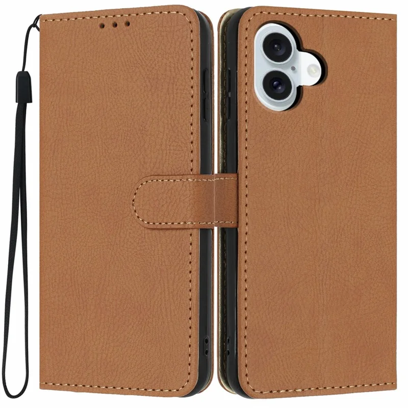 For iPhone 17 Wallet Case Litchi Texture Leather Flip Cover with Card Slots and Hand Strap - Brown