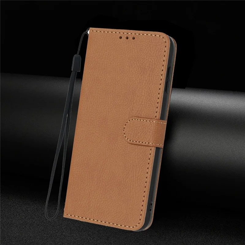 For iPhone 17 Wallet Case Litchi Texture Leather Flip Cover with Card Slots and Hand Strap - Brown