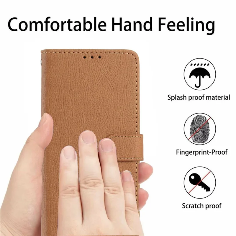 For iPhone 17 Wallet Case Litchi Texture Leather Flip Cover with Card Slots and Hand Strap - Brown