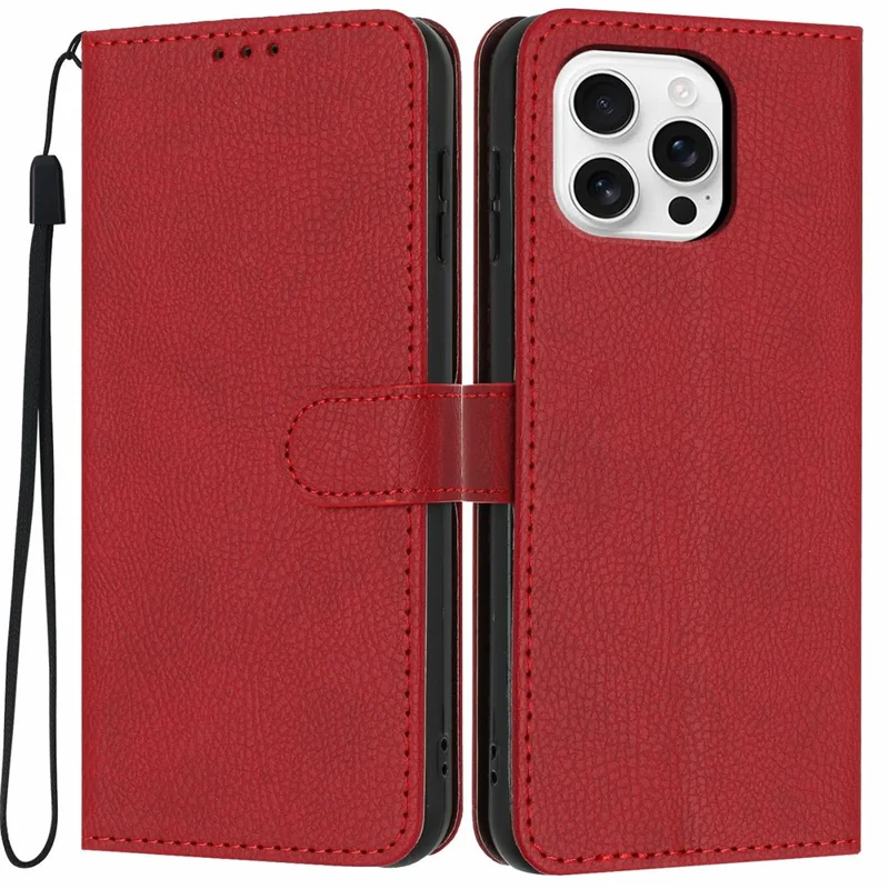 For iPhone 16 Pro Wallet Case Litchi Texture Leather Flip Cover with Card Slots and Hand Strap - Red