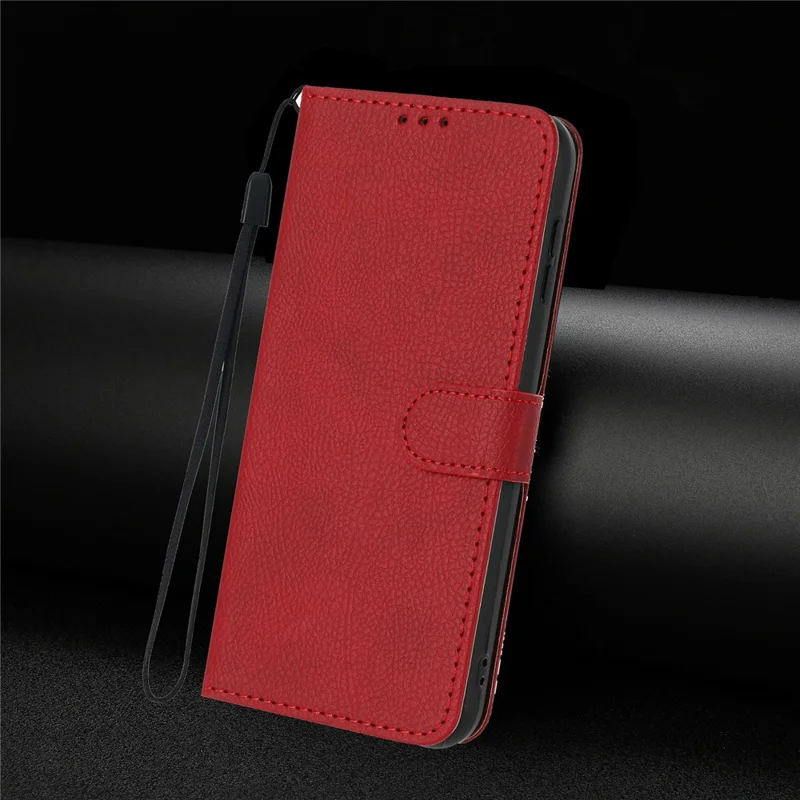For iPhone 16 Pro Wallet Case Litchi Texture Leather Flip Cover with Card Slots and Hand Strap - Red