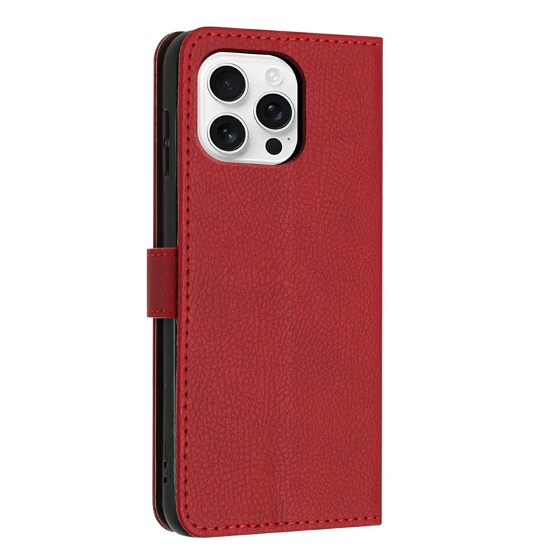 For iPhone 16 Pro Wallet Case Litchi Texture Leather Flip Cover with Card Slots and Hand Strap - Red
