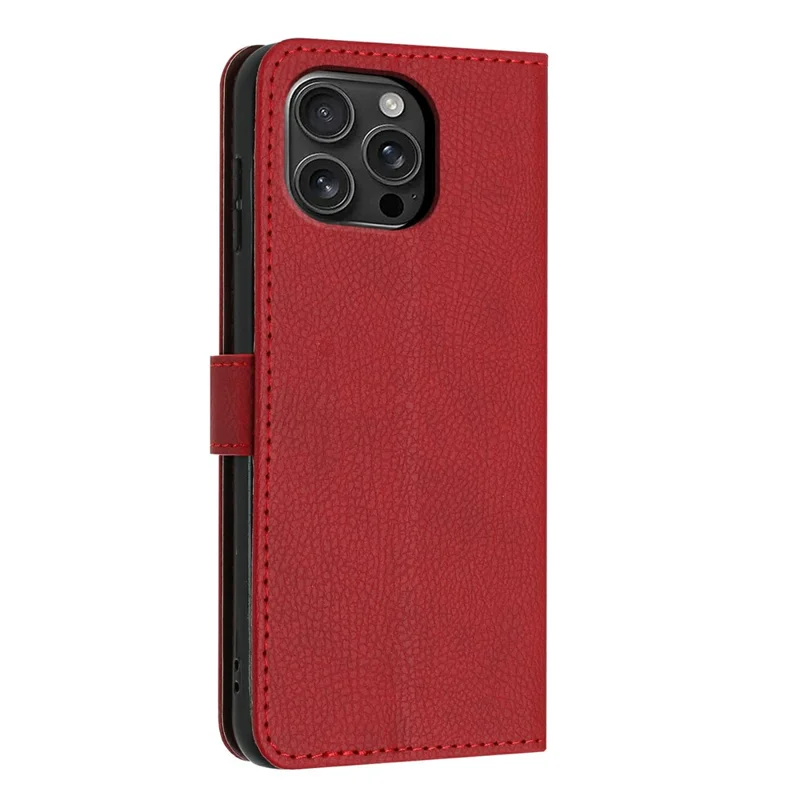 For iPhone 16 Pro Max Wallet Case Litchi Texture Leather Flip Cover with Card Slots and Hand Strap - Red