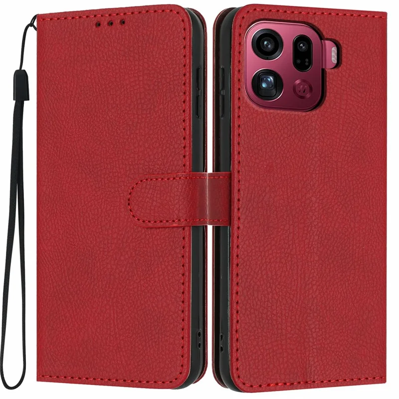 For Oppo Find X9 Pro 5G Wallet Case Litchi Texture Leather Flip Cover with Card Slots and Hand Strap - Red