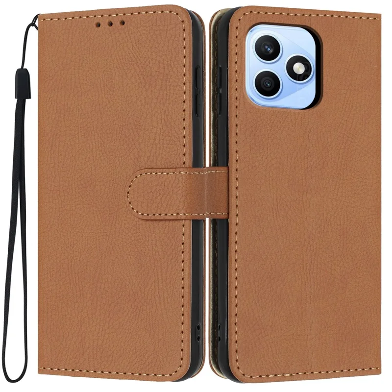 For Honor X8d 4G Wallet Case Litchi Texture Leather Flip Cover with Card Slots and Hand Strap - Brown