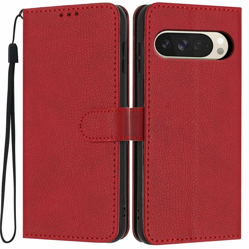 For Google Pixel 10 Pro XL  /  9 Pro XL Wallet Case Litchi Texture Leather Flip Cover with Card Slots and Hand Strap - Red