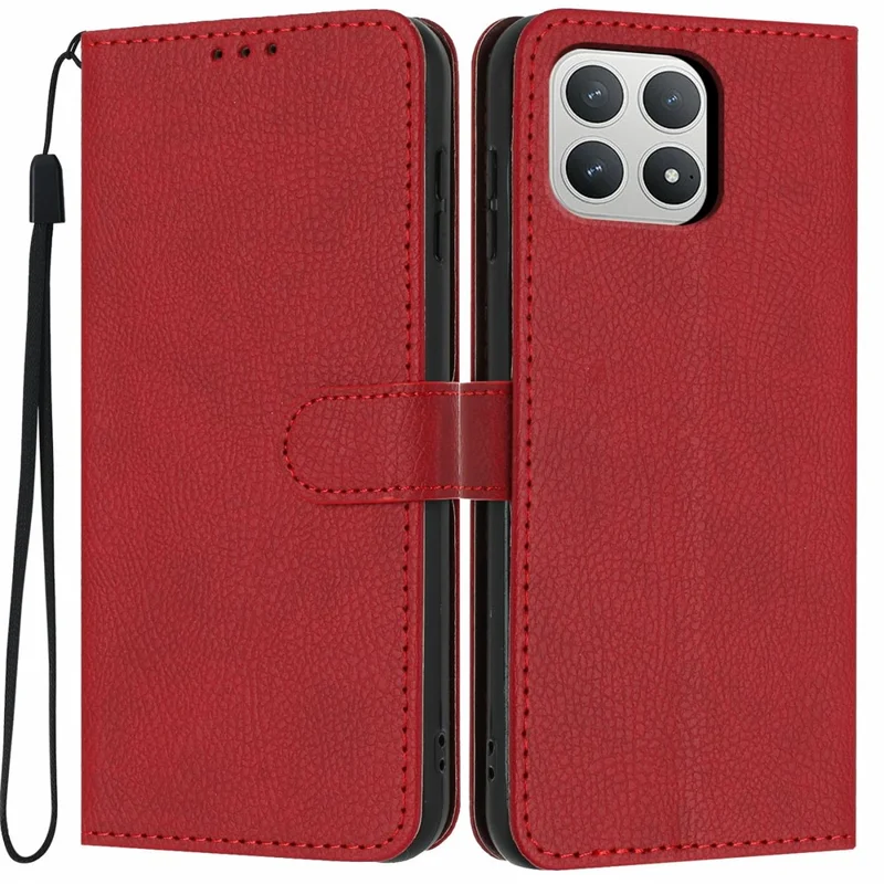 For Xiaomi Poco F8 Pro Wallet Case Litchi Texture Leather Flip Cover with Card Slots and Hand Strap - Red