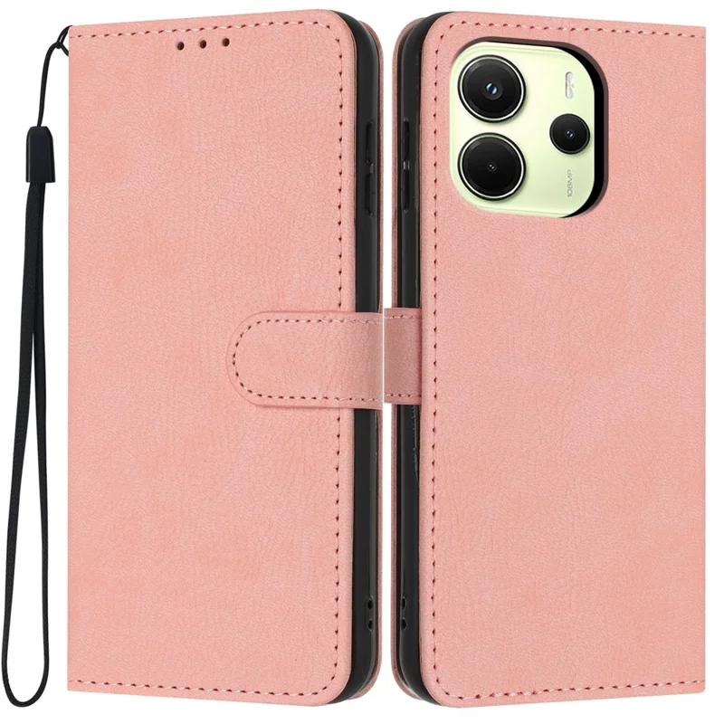 For Xiaomi Redmi Note 14 4G (164.84mm) Wallet Case Litchi Texture Leather Flip Cover with Card Slots and Hand Strap - Pink