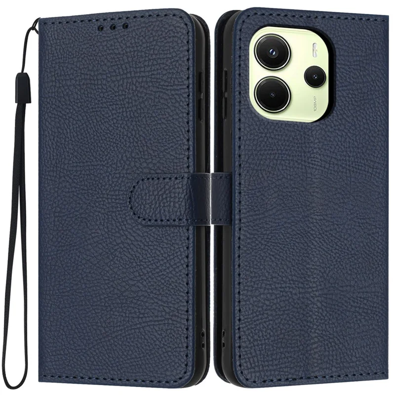 For Xiaomi Redmi Note 14 4G (163.25mm) Wallet Case Litchi Texture Leather Flip Cover with Card Slots and Hand Strap - Blue