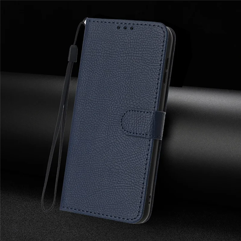 For Xiaomi Redmi Note 14 4G (163.25mm) Wallet Case Litchi Texture Leather Flip Cover with Card Slots and Hand Strap - Blue