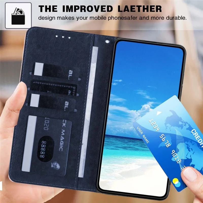 For Xiaomi Redmi Note 14 4G (163.25mm) Wallet Case Litchi Texture Leather Flip Cover with Card Slots and Hand Strap - Blue