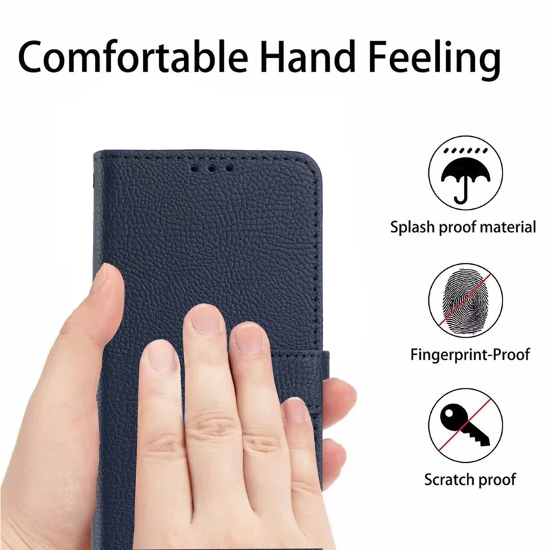 For Xiaomi Redmi Note 14 4G (163.25mm) Wallet Case Litchi Texture Leather Flip Cover with Card Slots and Hand Strap - Blue