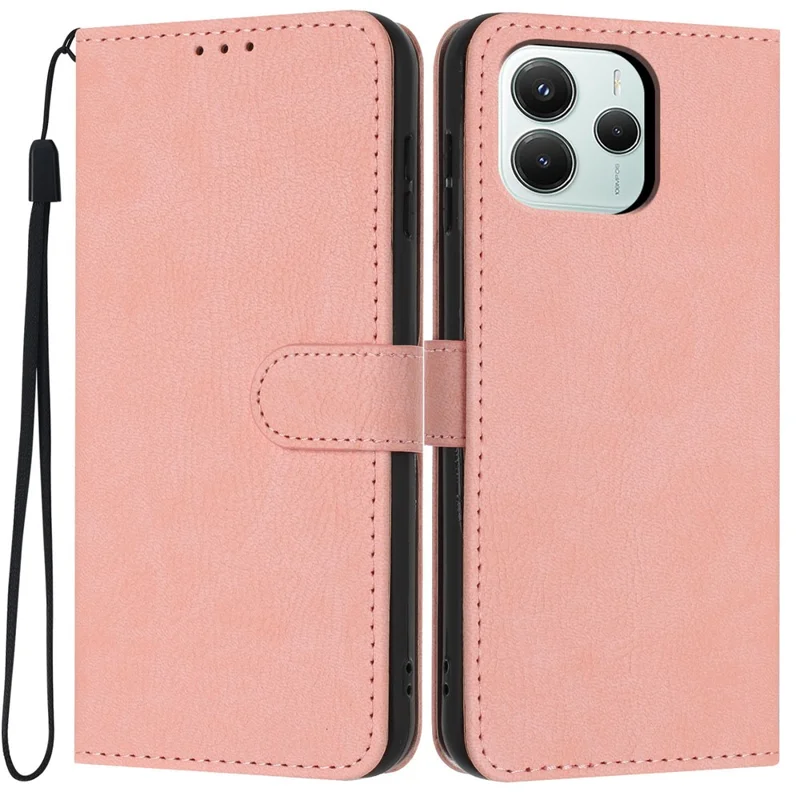 For Xiaomi Redmi Note 14 5G Wallet Case Litchi Texture Leather Flip Cover with Card Slots and Hand Strap - Pink