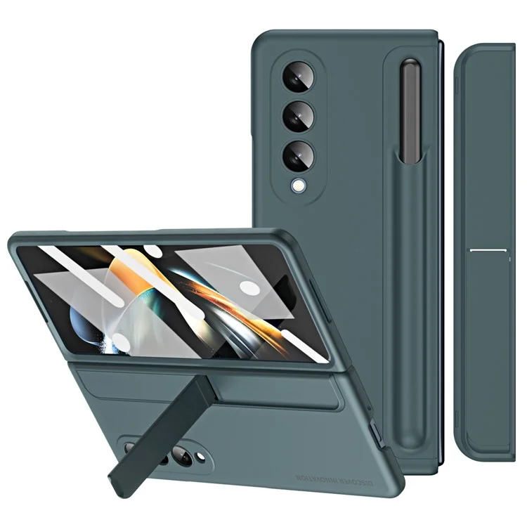 Para Samsung Galaxy Z Fold4 5G Funda de teléfono plegable con soporte oculto Funda dura de PC con ranura para lápiz Cubierta anti-caída con película protectora de pantalla de vidrio templado - Verde