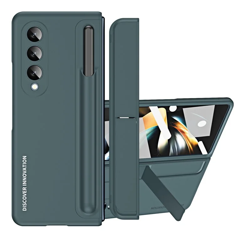 Para Samsung Galaxy Z Fold4 5G Funda de teléfono plegable con soporte oculto Funda dura de PC con ranura para lápiz Cubierta anti-caída con película protectora de pantalla de vidrio templado - Verde