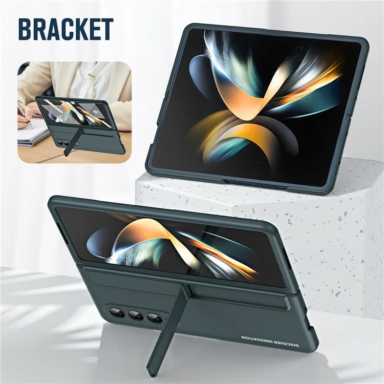 Para Samsung Galaxy Z Fold4 5G Funda de teléfono plegable con soporte oculto Funda dura de PC con ranura para lápiz Cubierta anti-caída con película protectora de pantalla de vidrio templado - Verde